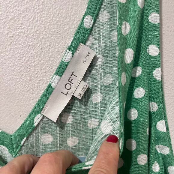 Loft Green Polka Dot Midi Dress Sz SP Linen Blend Summer Cottagecore Retro Chic - Picture 5 of 10